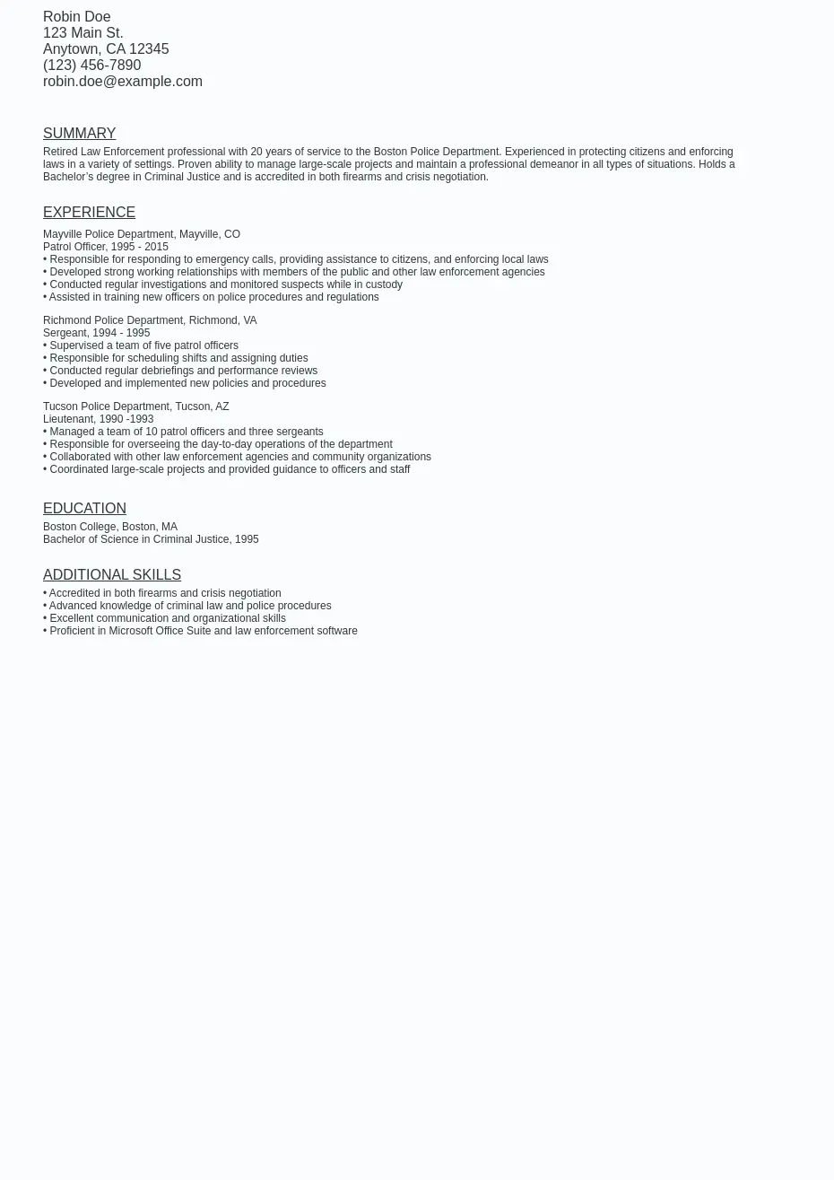 Retired Law Enforcement Resume Sample Template (Free)