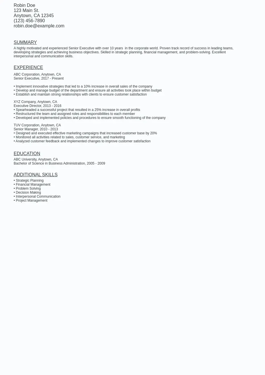 Senior Executive Resume Sample Template (Free Download) Ziprecruiter