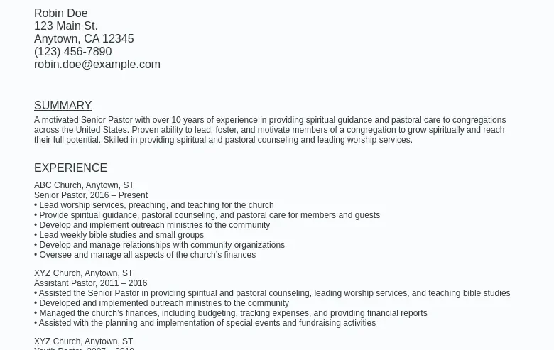 Senior Pastor Resume Sample Template (Free Download)