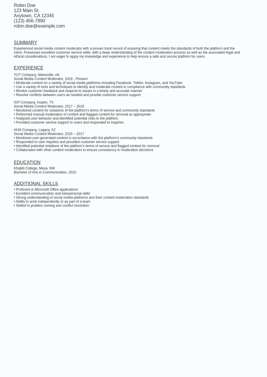 Social Media Content Moderator Resume Sample Template (Free) Ziprecruiter