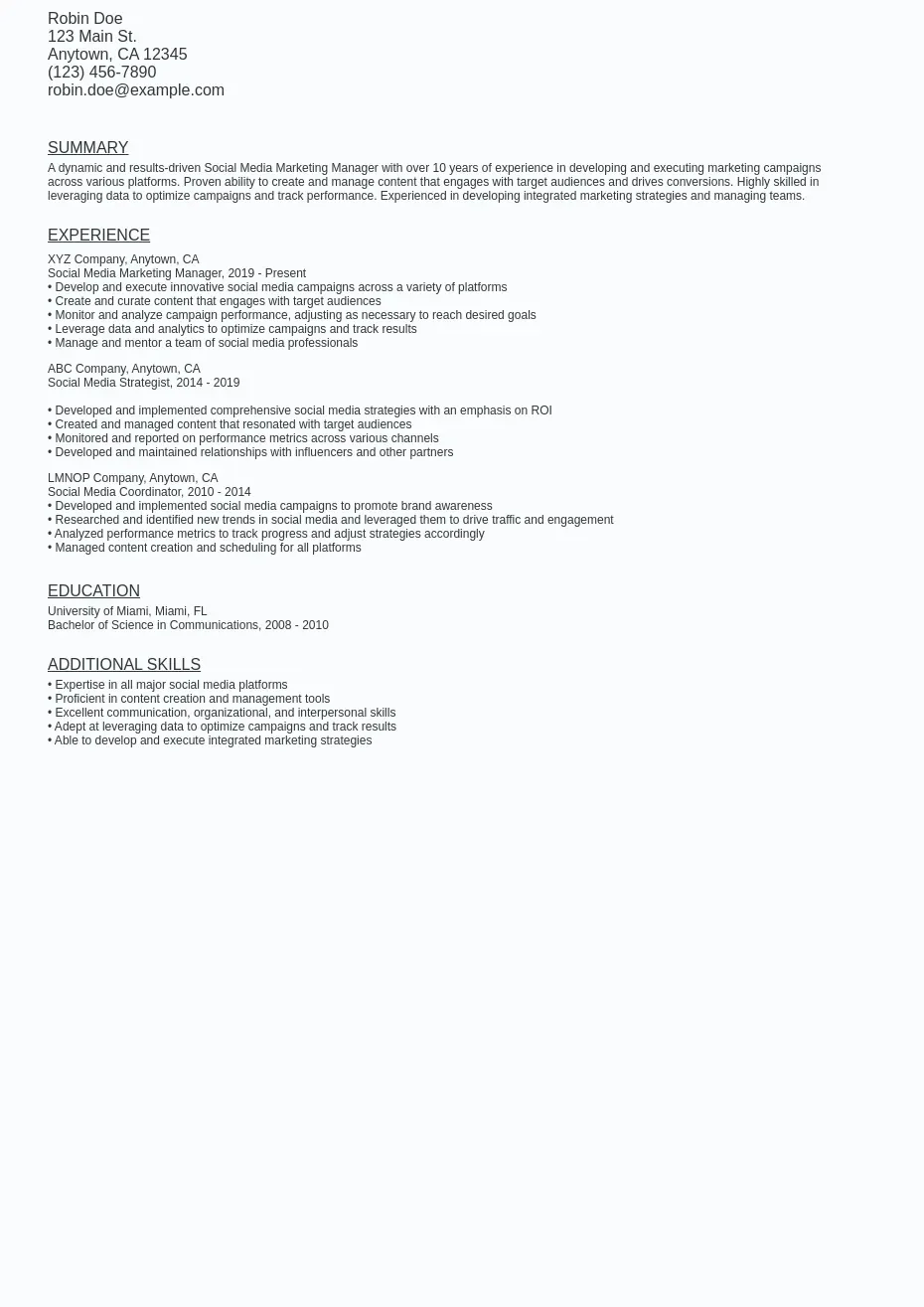Social Media Marketing Manager Resume Sample Template (Free) Ziprecruiter