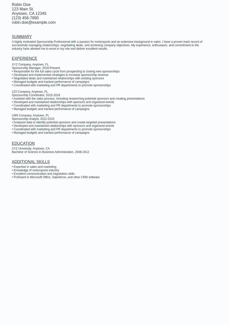Sponsorship Resume Sample Template (Free Download)