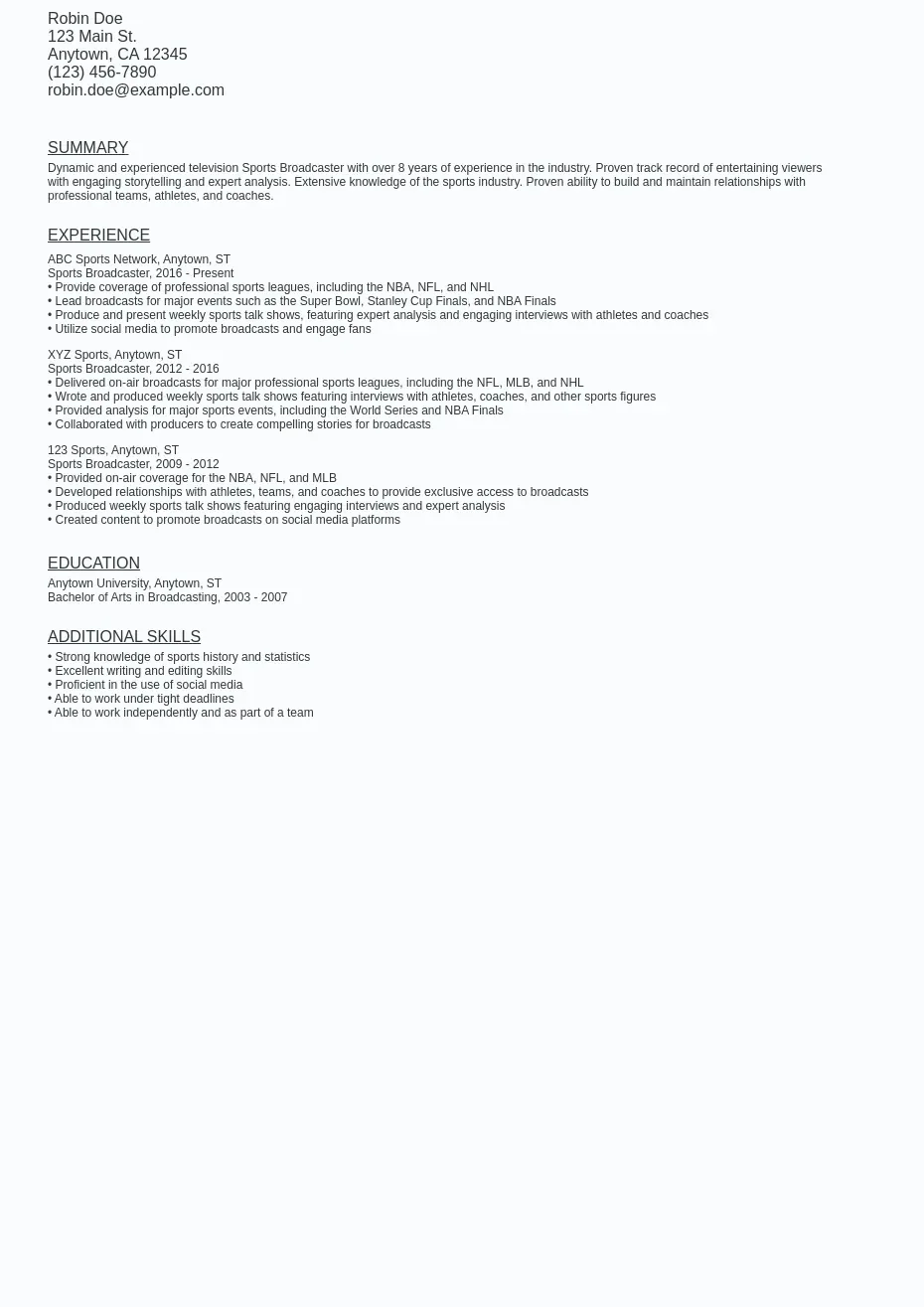 Sports Broadcaster Resume Sample Template (Free Download)