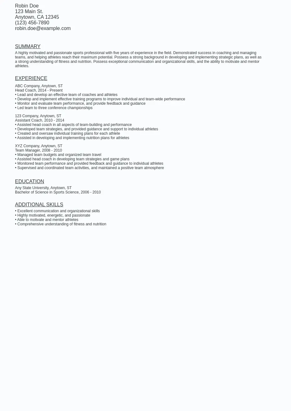 Sports Resume Sample Template (Free Download)