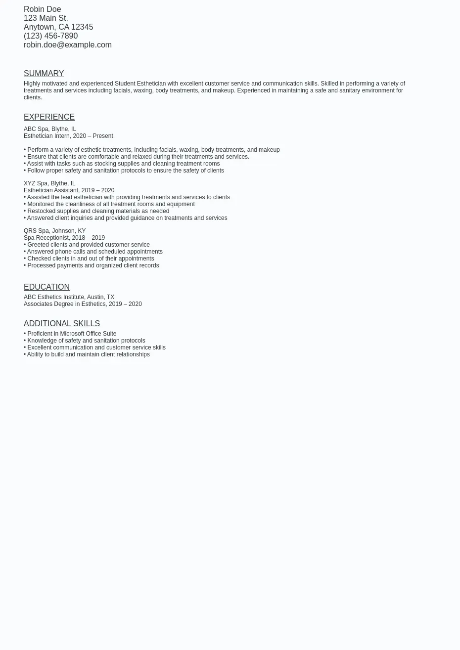 Student Esthetician Resume Sample Template (Free Download)