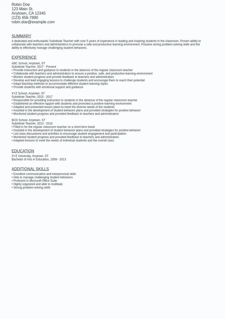 Substitute Teacher Resume Sample Template (Free Download) Ziprecruiter