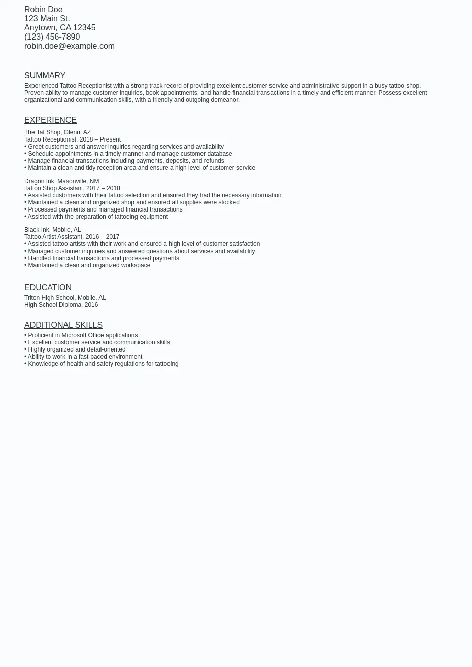 Tattoo Receptionist Resume Sample Template (Free Download)
