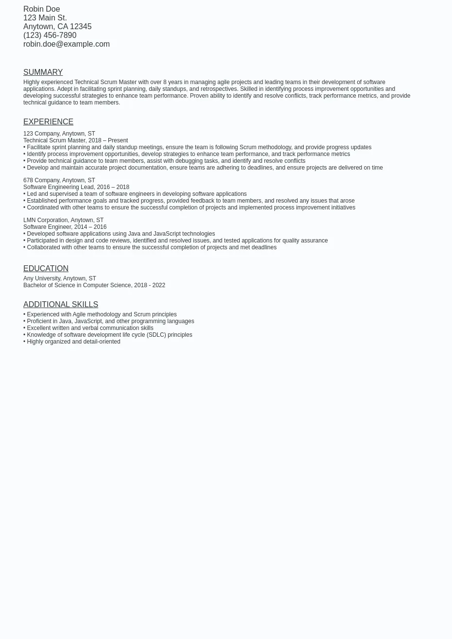 Technical Scrum Master Resume Sample Template: Free Download Ziprecruiter