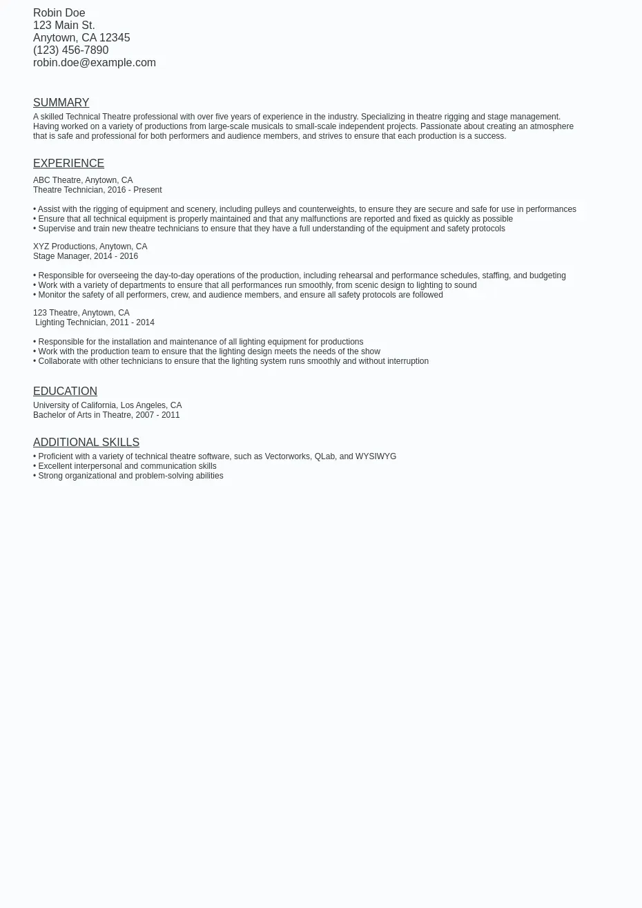 Technical Theater Resume Sample Template (Free Download) Ziprecruiter