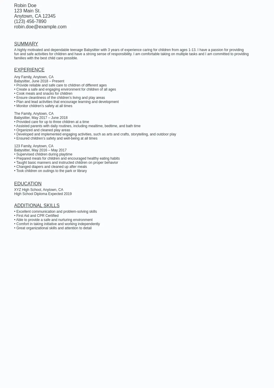 Teenage Babysitter Resume Sample Template (Free Download) Ziprecruiter
