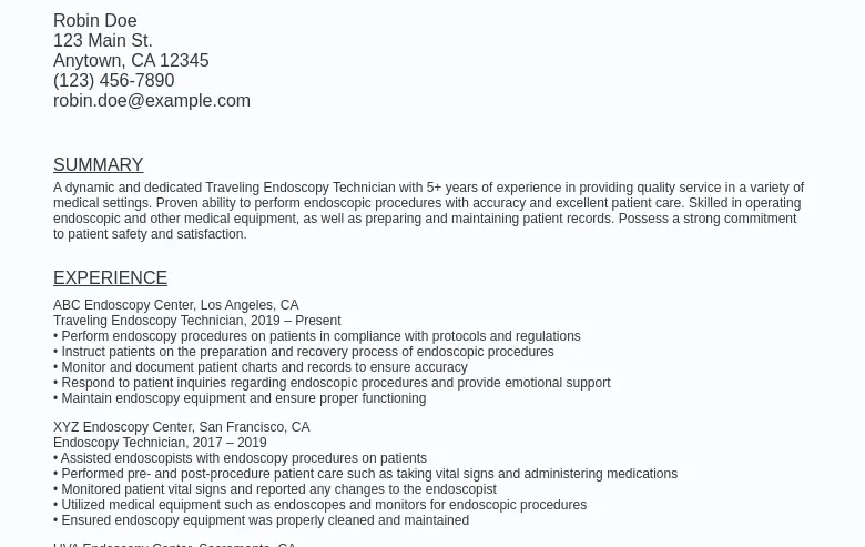 Travel Endoscopy Technician Resume Sample Template (Free) Ziprecruiter