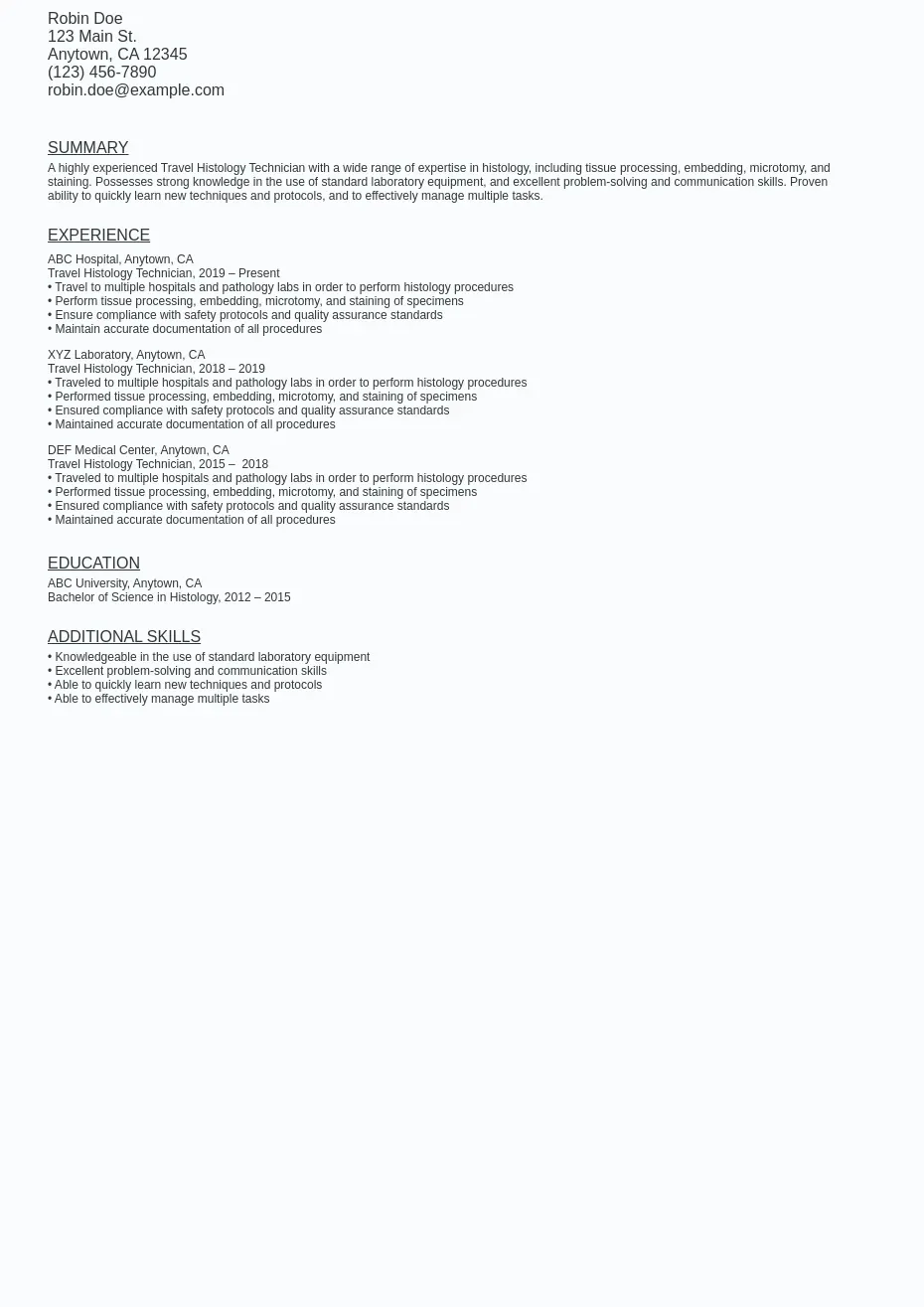 Travel Histology Technician Resume Sample Template (Free) Ziprecruiter