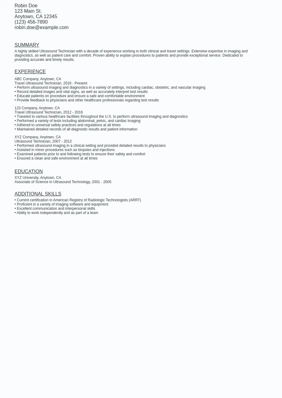 Travel Ultrasound Resume Sample Template (Free Download) Ziprecruiter