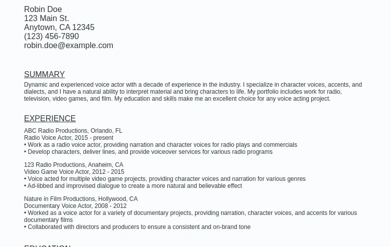 Voice Actor Resume Sample Template - Voice Actor Resume Sample Template (free Download).webp=ws930x1315