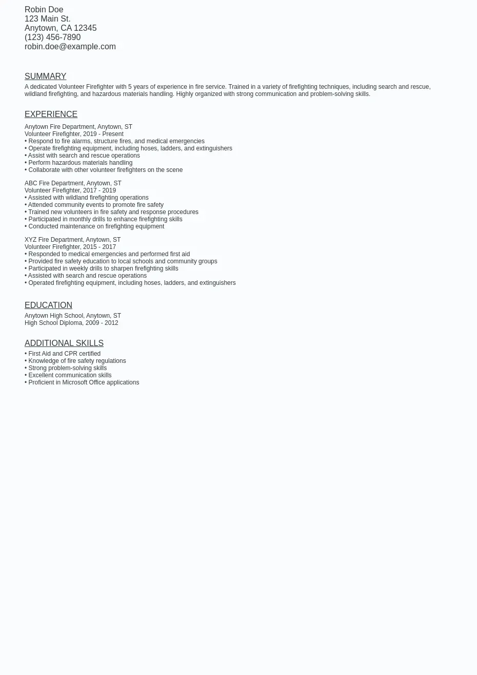 Volunteer Firefighter Resume Sample Template (Free Download) Ziprecruiter