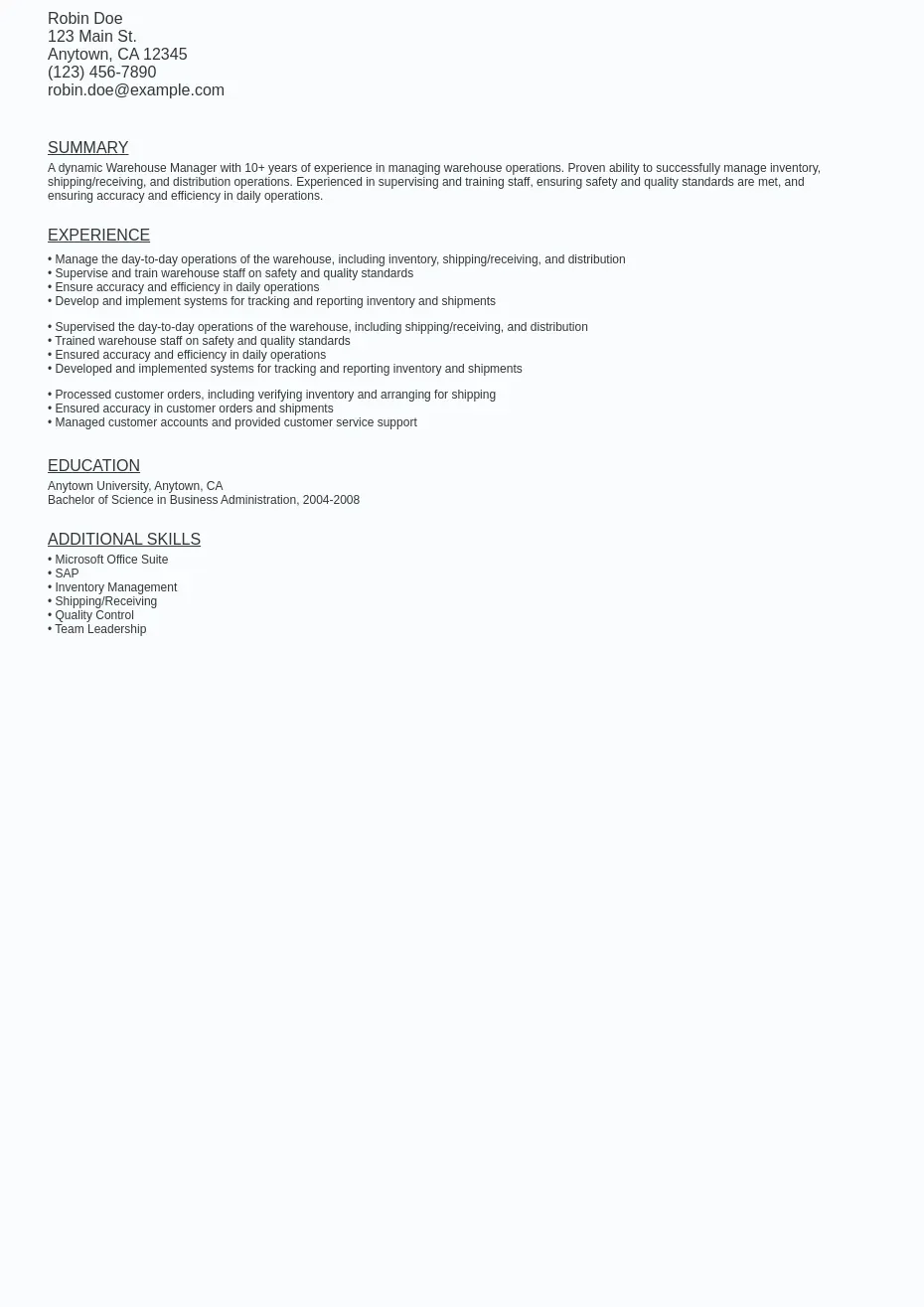 Warehouse Manager Resume Sample - Warehouse Manager Resume Sample Template (free Download).webp=ws930x1315