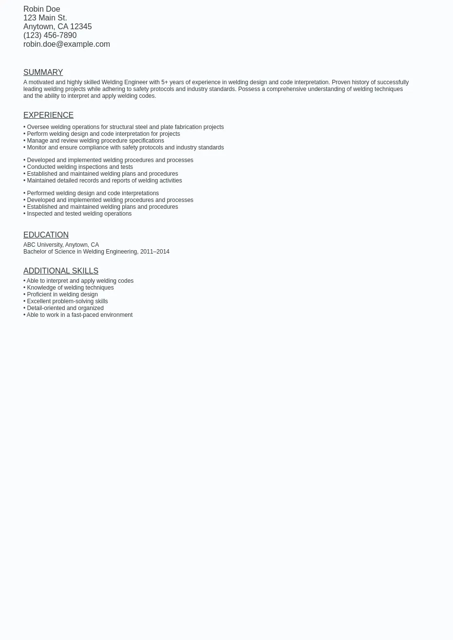 The Top 11 Great welding engineer cv