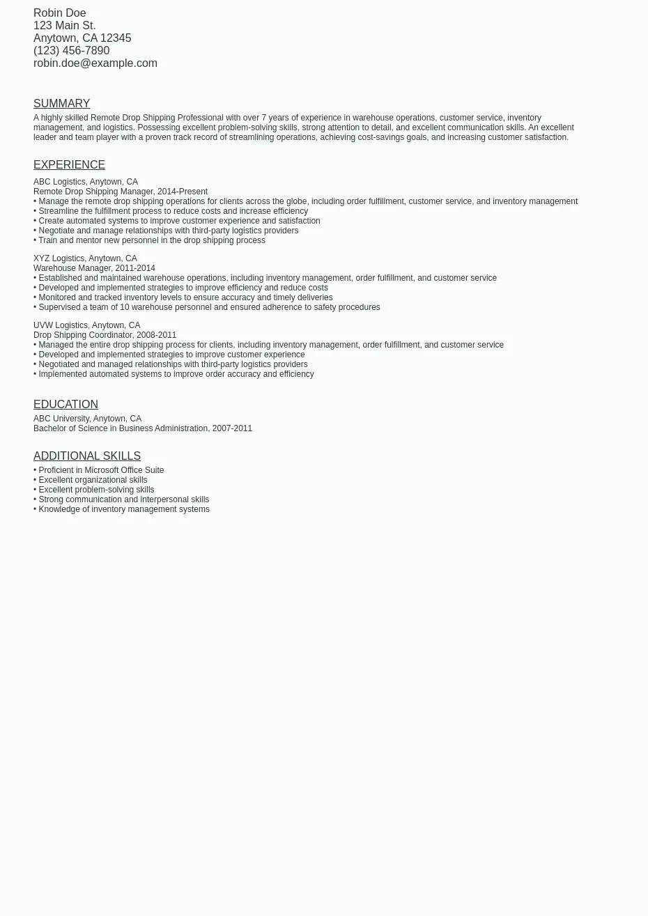 Work From Home Drop Shipping Resume Sample Template (Free) Ziprecruiter
