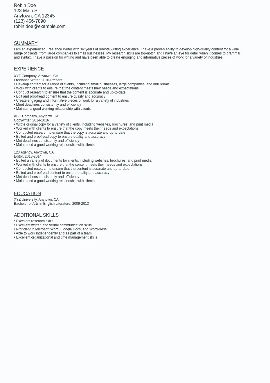 Work From Home Freelance Writer Resume Sample Template: Free Ziprecruiter