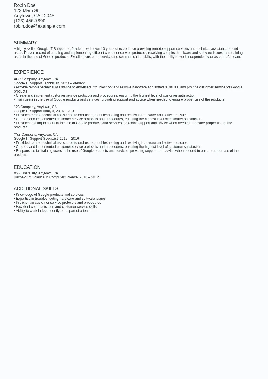 Work From Home Google IT Support Certificate Resume Template Ziprecruiter