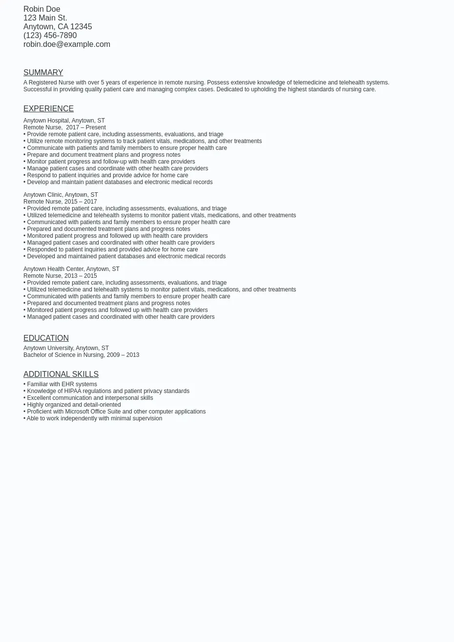 Work From Home Nurse Resume Sample Template (Free Download)