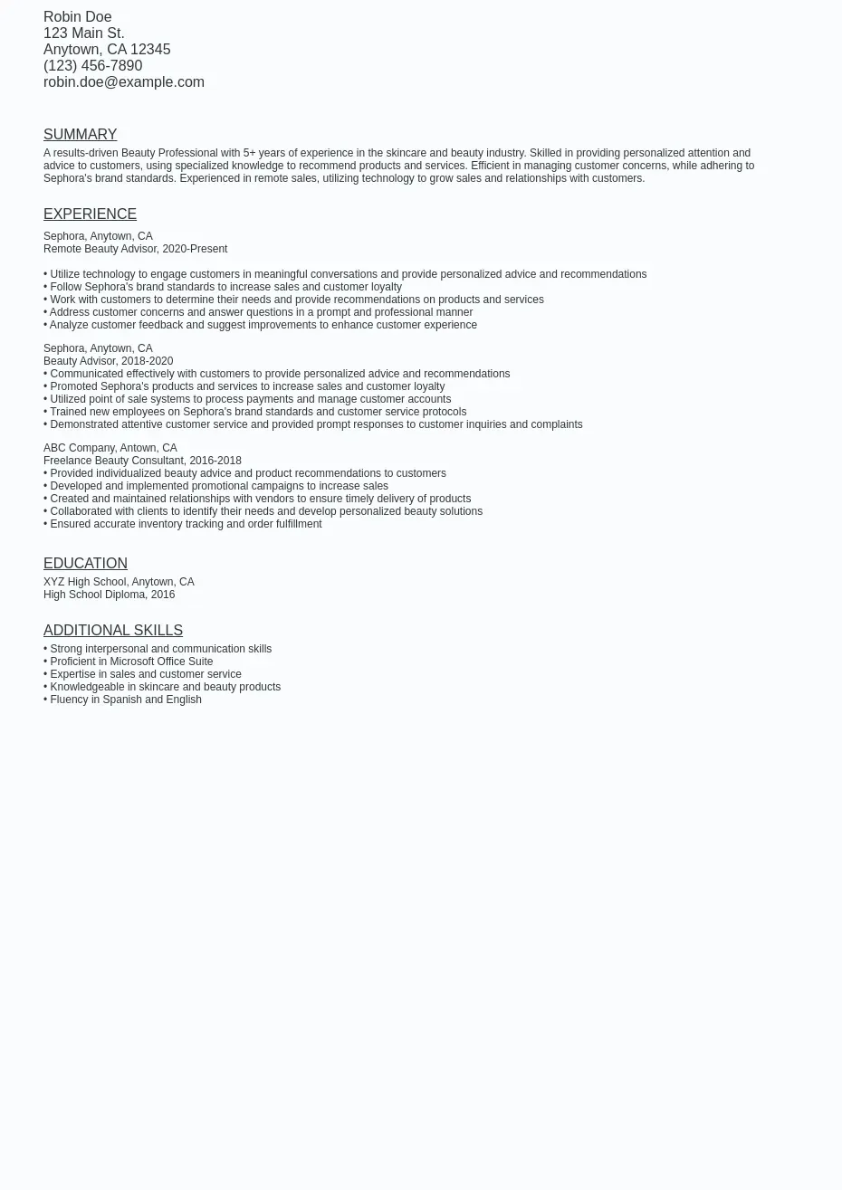 Work From Home Sephora Beauty Advisor Resume Template