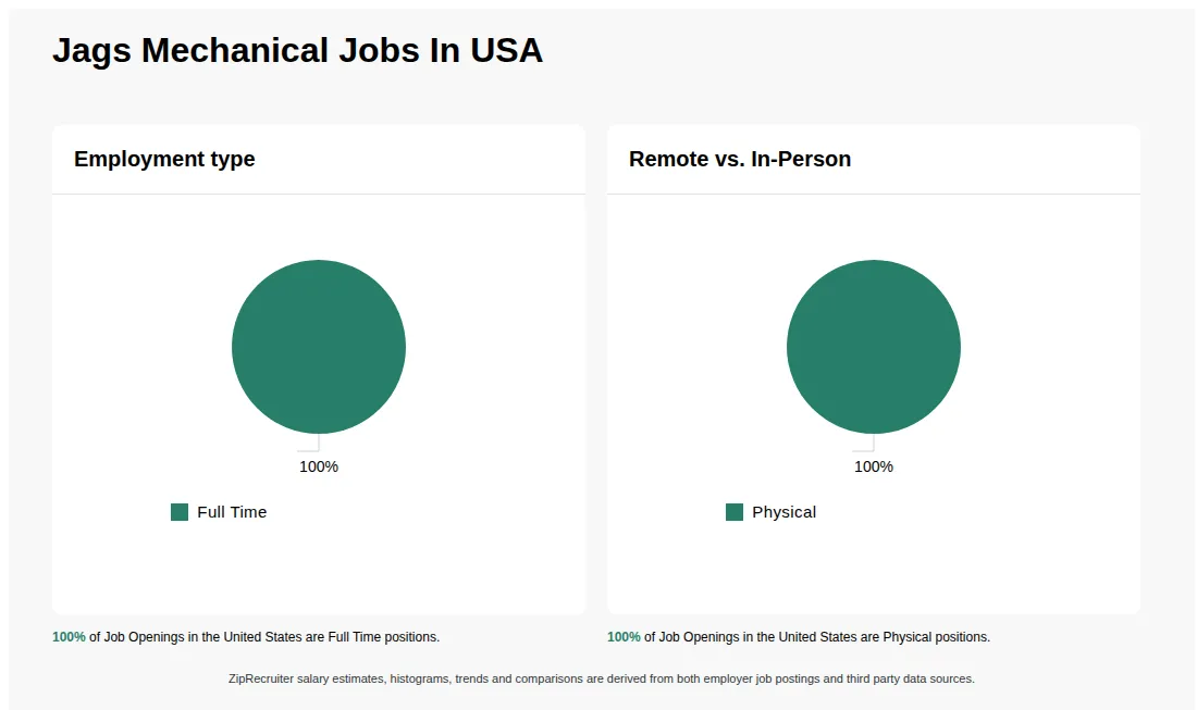 Infographic showing various job openings at Jags Mechanical in the United States as of May 2026, with employment types broken down into 100% Full Time. Highlights an 100% Physical job distribution.