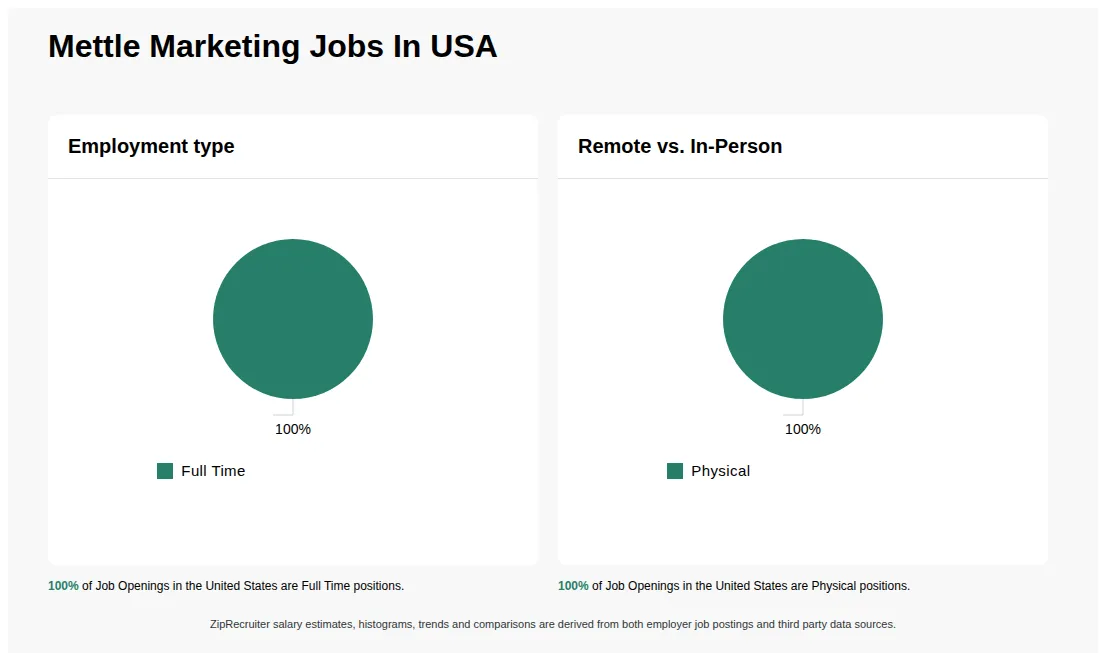 Infographic showing various job openings at Mettle Marketing in the United States as of May 2026, with employment types broken down into 100% Full Time. Highlights an 100% Physical job distribution.