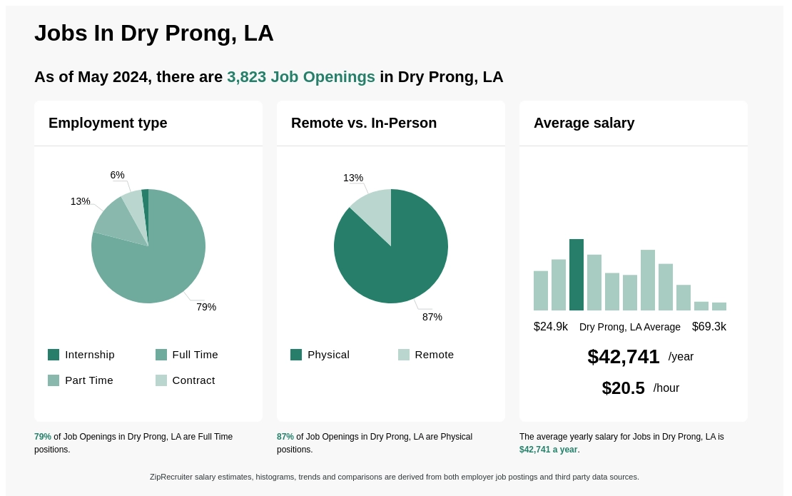 Infographic showing 3,823 job openings in Dry Prong, LA as of May 2024, with employment types broken down into 2% Internship, 79% Full Time, 13% Part Time, and 6% Contract. Highlights an 87% Physical, and 13% Remote job distribution, with an average salary of $42,741 per year, or $20.5 per hour.
