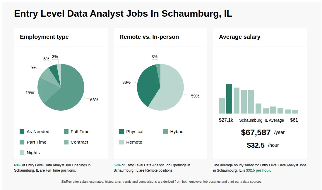 Entry Level Data Analyst Job Statistics for Schaumburg, IL - May 2026 Infographic showing various Entry Level Data Analyst job openings in Schaumburg, IL as of May 2026, with employment types broken down into 6% As Needed, 63% Full Time, 19% Part Time, 9% Contract, and 3% Nights. Highlights an 38% Physical, 3% Hybrid, and 59% Remote job distribution, with an average salary of $67,587 per year, or $32.5 per hour.