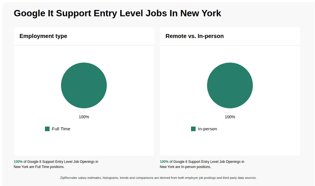 Infographic showing various Google It Support Entry Level job openings in New York as of May 2026, with employment types broken down into 100% Full Time. Highlights an 100% In-person job distribution.