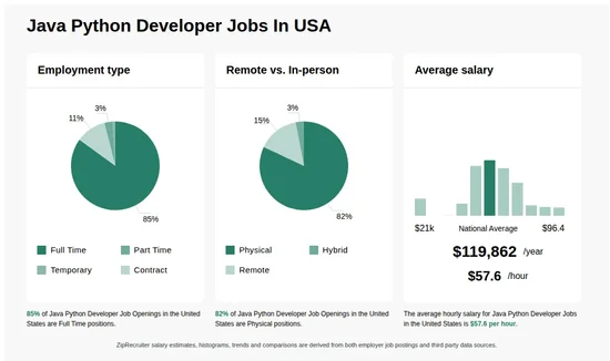 Infographic showing various Java Python Developer job openings in the United States as of August 2026, with employment types broken down into 2% Internship, 87% Full Time, 3% Part Time, and 8% Contract. Highlights an 80% Physical, 6% Hybrid, and 14% Remote job distribution, with an average salary of $119,862 per year, or $57.6 per hour.