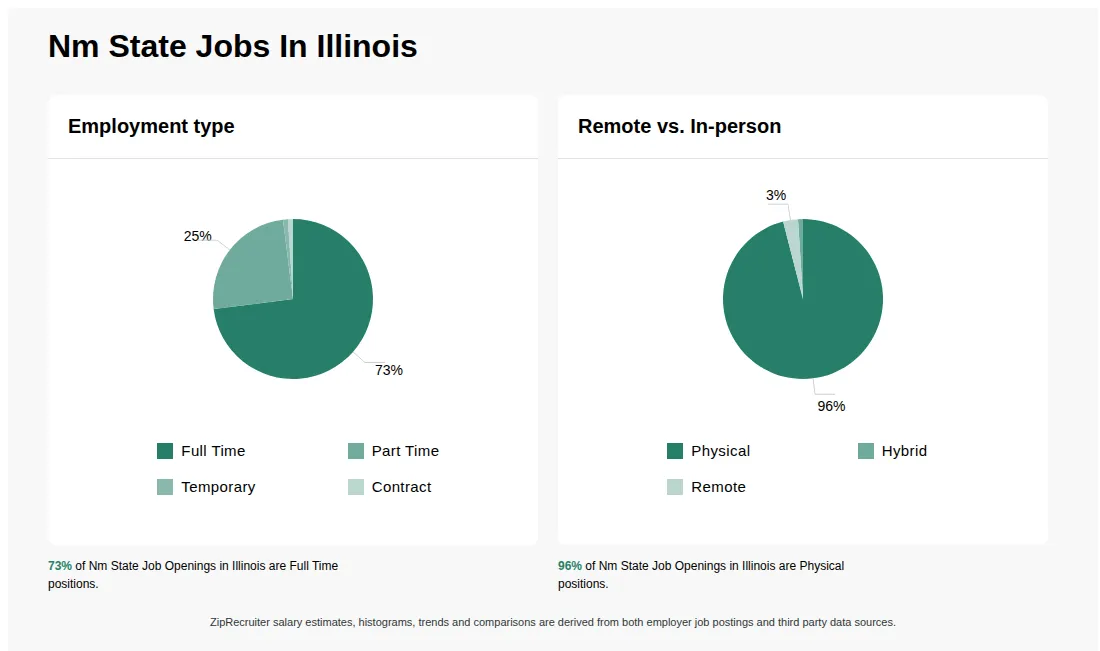 Infographic showing various Nm State job openings in Illinois as of May 2026, with employment types broken down into 73% Full Time, 25% Part Time, 1% Temporary, and 1% Contract. Highlights an 96% Physical, 1% Hybrid, and 3% Remote job distribution.