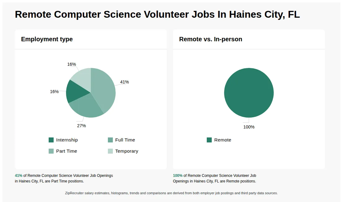 Infographic showing various Remote Computer Science Volunteer job openings in Haines City, FL as of May 2026, with employment types broken down into 16% Internship, 27% Full Time, 41% Part Time, and 16% Temporary. Highlights an 100% Remote job distribution.