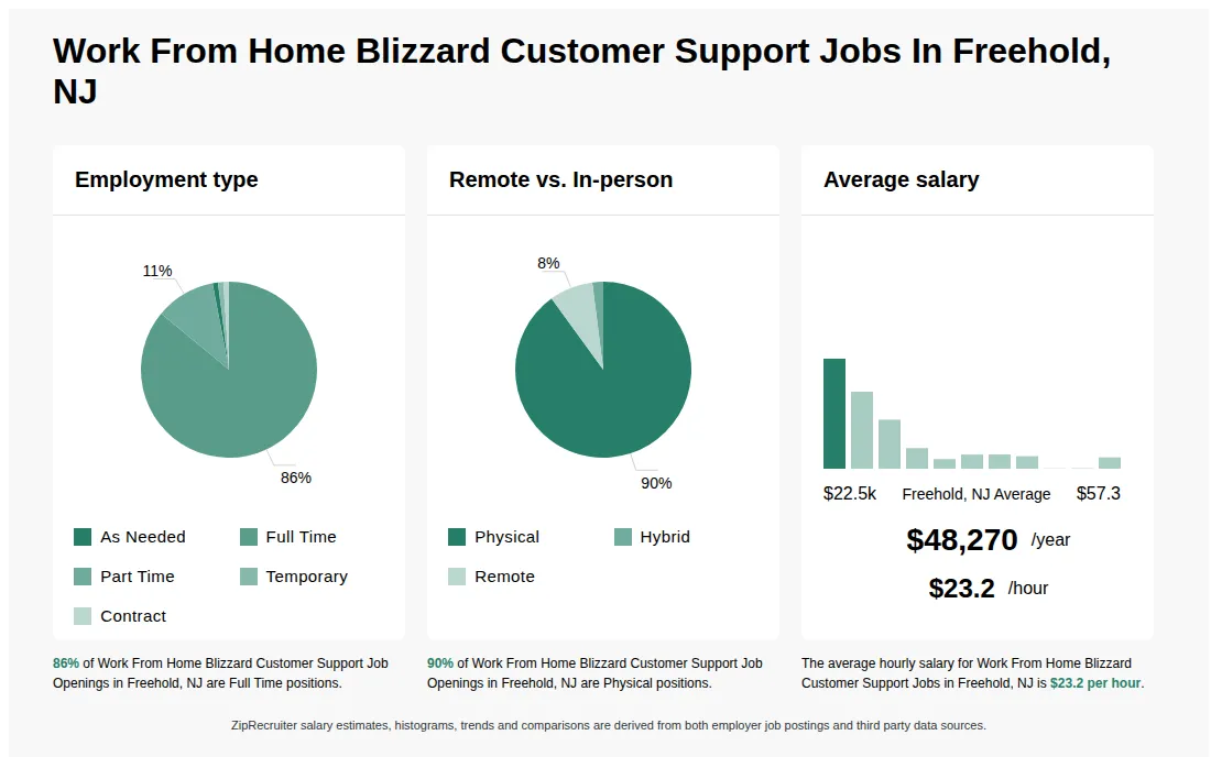 Infographic showing various Work From Home Blizzard Customer Support job openings in Freehold, NJ as of May 2026, with employment types broken down into 1% As Needed, 86% Full Time, 11% Part Time, 1% Temporary, and 1% Contract. Highlights an 90% Physical, 2% Hybrid, and 8% Remote job distribution, with an average salary of $48,270 per year, or $23.2 per hour.