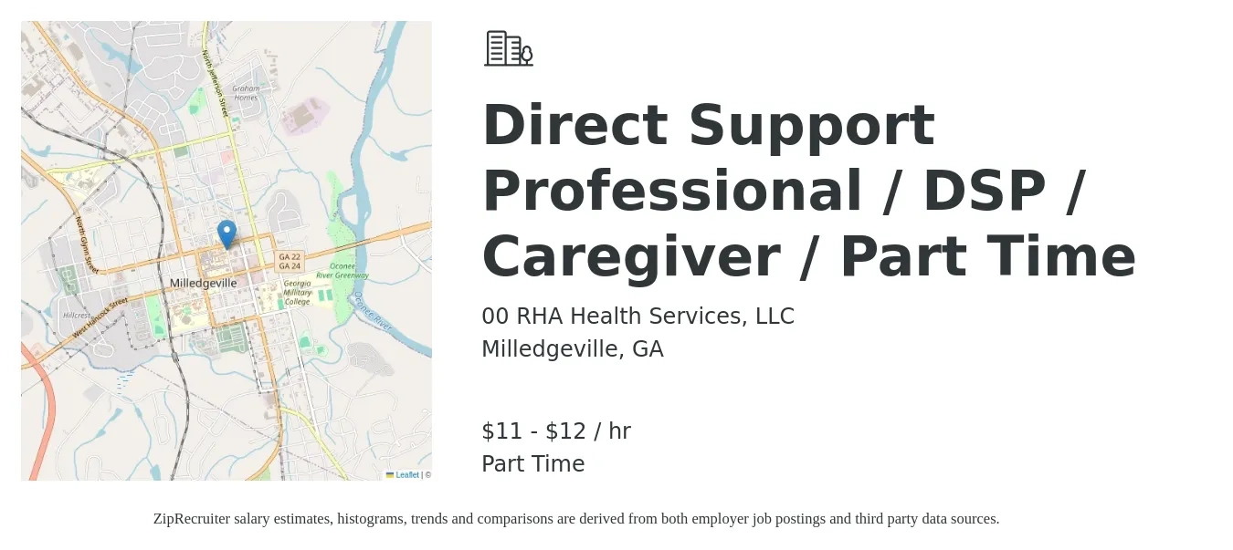 00 RHA Health Services, LLC job posting for a Direct Support Professional / DSP / Caregiver / Part Time in Milledgeville, GA with a salary of $12 to $12 Hourly with a map of Milledgeville location.