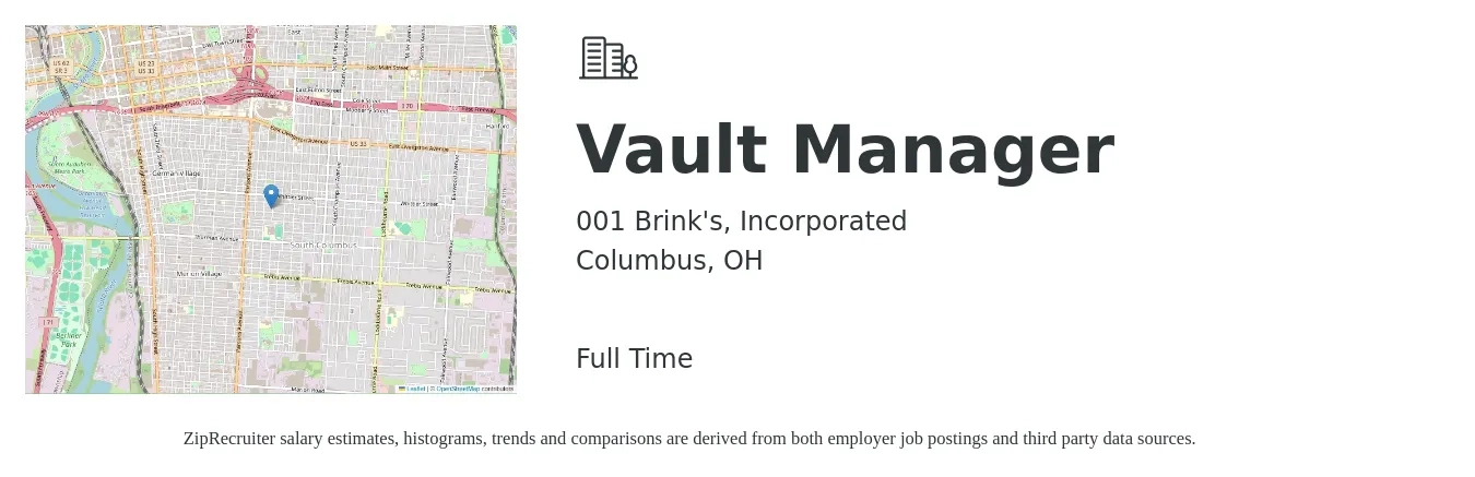 001 Brink's, Incorporated job posting for a Vault Manager in Columbus, OH with a salary of $16 to $18 Hourly with a map of Columbus location.