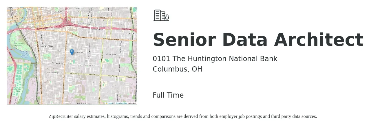 0101 The Huntington National Bank job posting for a Senior Data Architect in Columbus, OH with a salary of $65 to $87 Hourly with a map of Columbus location.