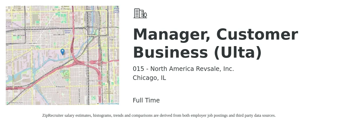 015 - North America Revsale, Inc. job posting for a Manager, Customer Business (Ulta) in Chicago, IL with a salary of $69,100 to $149,000 Yearly with a map of Chicago location.