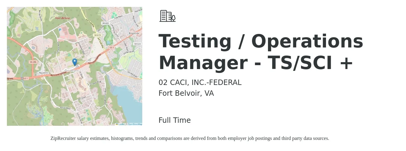 02 CACI, INC.-FEDERAL job posting for a Testing / Operations Manager - TS/SCI + in Fort Belvoir, VA with a map of Fort Belvoir location.
