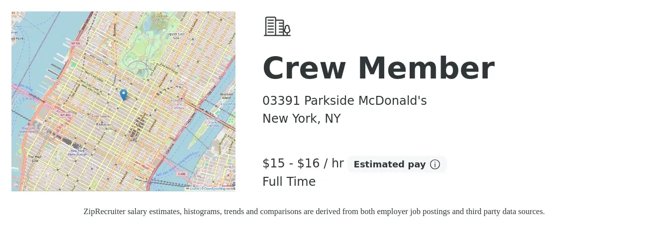 03391 Parkside McDonald's job posting for a Crew Member in New York, NY with a salary of $16 to $17 Hourly with a map of New York location.