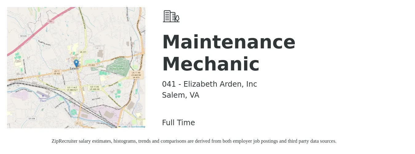 041 - Elizabeth Arden, Inc job posting for a Maintenance Mechanic in Salem, VA with a salary of $24 to $31 Hourly with a map of Salem location.