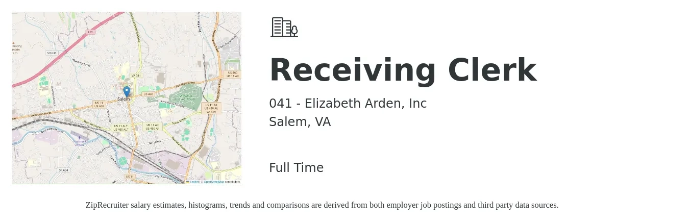 041 - Elizabeth Arden, Inc job posting for a Receiving Clerk in Salem, VA with a salary of $16 to $18 Hourly with a map of Salem location.
