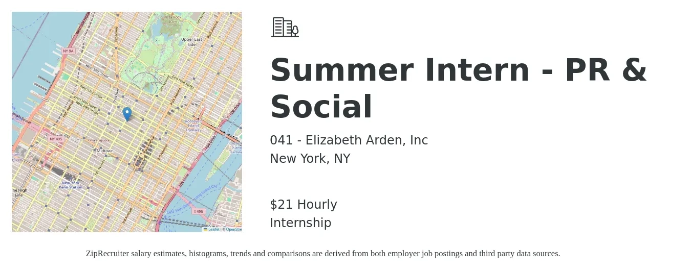 041 - Elizabeth Arden, Inc job posting for a Summer Intern - PR & Social in New York, NY with a salary of $22 Hourly with a map of New York location.