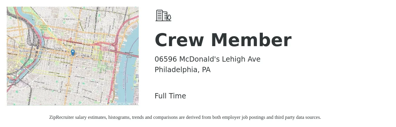 06596 McDonald's Lehigh Ave job posting for a Crew Member in Philadelphia, PA with a salary of $12 to $15 Hourly with a map of Philadelphia location.