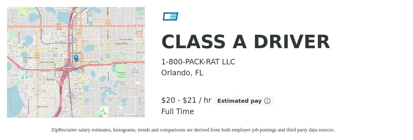 1-800-PACK-RAT LLC job posting for a CLASS A DRIVER in Orlando, FL with a salary of $21 to $22 Hourly with a map of Orlando location.
