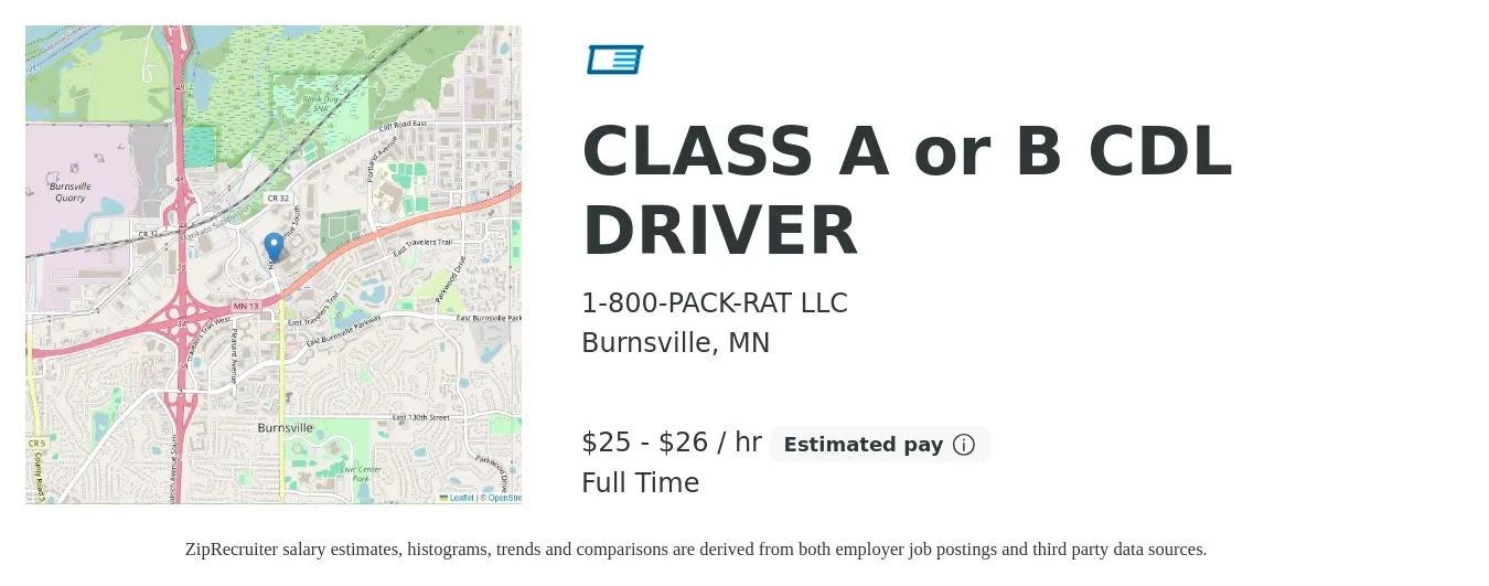 1-800-PACK-RAT LLC job posting for a CLASS A or B CDL DRIVER in Burnsville, MN with a salary of $27 to $28 Hourly with a map of Burnsville location.
