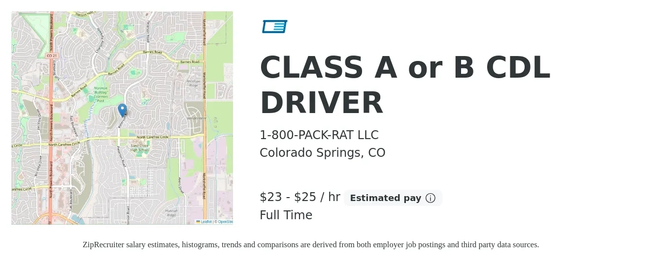 1-800-PACK-RAT LLC job posting for a CLASS A or B CDL DRIVER in Colorado Springs, CO with a salary of $24 to $26 Hourly with a map of Colorado Springs location.