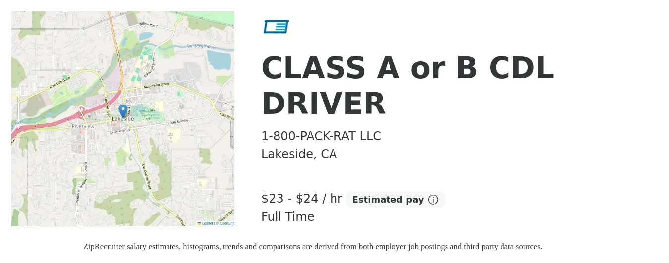 1-800-PACK-RAT LLC job posting for a CLASS A or B CDL DRIVER in Lakeside, CA with a salary of $24 to $25 Hourly with a map of Lakeside location.