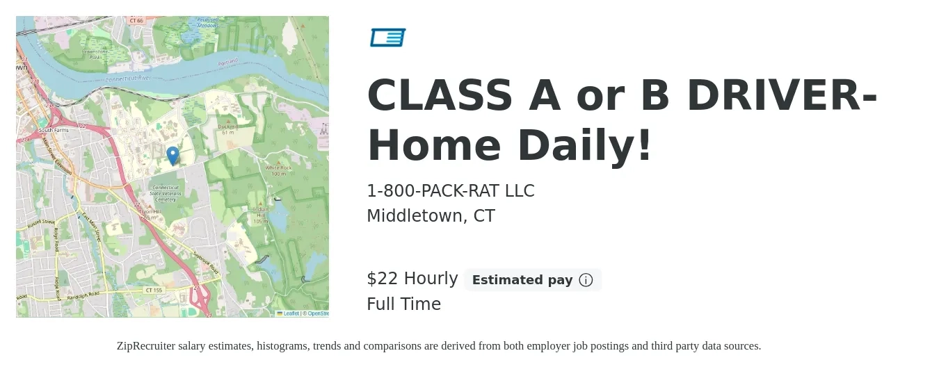 1-800-PACK-RAT LLC job posting for a CLASS A or B DRIVER- Home Daily! in Middletown, CT with a salary of $23 Hourly with a map of Middletown location.